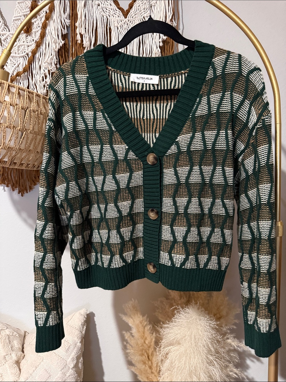 Forest Green & Cream Patterned V-Neck Cardigan Sweater